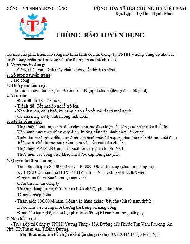 Công ty TNHH Vương Tùng tuyển dụng